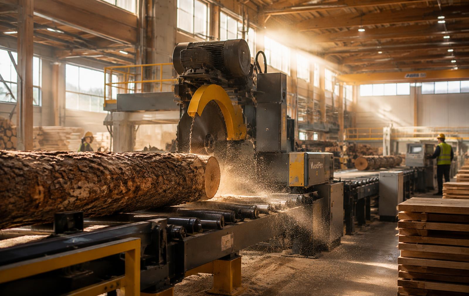 Üretim hattında tomruk biçme makinesi